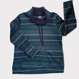 St. John's Bay Pullover Green & Navy Mock Turtleneck Sweatshirt Size Large